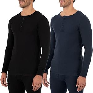 Fruit of the Loom Men's Recycled Waffle Thermal Underwear Henley Top (1 and 2 Packs), Black/Navy, Medium