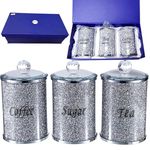 ProTech 3Pcs Crushed Diamond Tea Coffee Sugar Jars, Crystal Filled Kitchen Food Storage Canisters, Silver Trimmings Bling Countertop Décor, Diamante Decorative Ornaments, Crystallized Containers