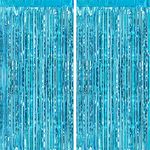 CHRORINE 2pcs 1m x 2.5m Light Blue Metallic Tinsel Foil Fringe Curtains Party Streamers Backdrop for Frozen Mermaid Birthday Baby Shower Bachelorette Bridal Shower Blue Party Decorations