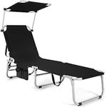 Goplus Lounge Chaise Chair, Foldable 5-Position Adjustable Tanning Sun Bating Chair w/ 360°Canopy & Side Pocket, Outdoor Beach Recliner for Garden Yard Pool Side (1, Black)