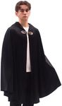 Yaolzeku Men's Velvet Black Cloak with Hood, Renaissance Medieval Black Hooded Cloak for Women, Warm Halloween Hooded Cape with Metal Loop Clasp and Belts on Collar