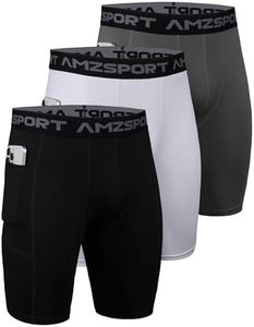 AMZSPORT 3 Pack Men's Compression Shorts with Phone Pocket, Cool Dry Spandex Athletic Running Gym Base Layer Underwear, Black Grey White, XL