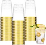 Pack of 60 10 oz/300 ml Hard Plastic Party Cups with Gold Rim, Reusable Drinking Cups, Shot Cups, Party Cups Set for Drinks Champagne Cocktails, Plastic Cups for Birthdays, Weddings