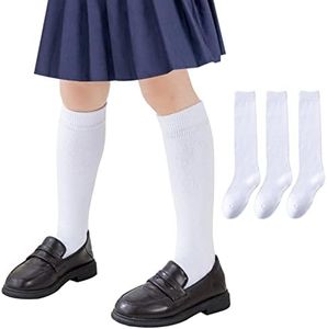 Girls Knee High Socks/Cable Knit/Ribbed School Uniform Socks 3/6 Pack Seamless Tube Socks Unisex Kids Soccer Socks 3-14 Years, White, 3 Pairs, 5-7 Years