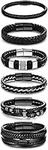 Adramata 6 Pcs Black Leather Bracelets for Men Women Braided Mens Bracelet Leather Wristband Cuff Bracelets Set with Stainless Steel Clasp 7.5-8.5 inch