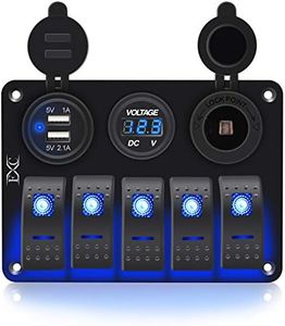 FXC Waterproof Marine Boat Rocker Switch Aluminum Panel 5 Gang with Dual USB Slot Socket 3.1A + Volt Meter Blue LED Light for Car Rv Vehicles Truck (KG0149-5B Blue)