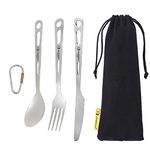 SILVERANT Titanium 3 Piece Cutlery Set, Lightweight Titanium Travel Fork and Spoon Knife Camping Set for Outdoor & Hiking, Comes with Drawstring Bag & Titanium Carabiner (Cutlery Set)