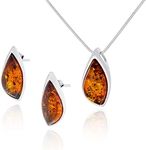 AMBEDORA Small Women's Jewellery Set Amber 846A, Pendant with Necklace and Earrings, Baltic Amber in Cognac Colour, Sterling Silver 925, Gift Idea, Sterling Silver, Amber