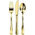 300 Gold Plastic Silverware Set, Gold Plastic Cutlery Set, Disposable Silverware Set | 100 Plastic Forks, 100 Plastic Spoons, 100 Plastic Knives | Heavy Duty Bulk Disposable Flatware Plastic Utensils