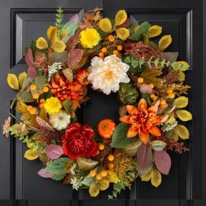 24 Inch Fall Wreath for Front Door,Floral Harvest Wreath with Pumpkin