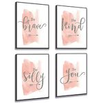 JKKL Set of 4 Teen Girl Framed Wall Art Canvas Painting Be Kind Inspirational Quote Print Blush Grey Picture Nordic Poster Girls Bedroom Decor, Pink, 8 x 12 inches