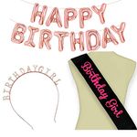 Propsicle Black Birthday Girl Sash + Rose Gold Happy Birthday Balloon + Birthday Girl Princess Crown Tiara Rose Gold Birthday Girl Head Band Combo - Pack of 3