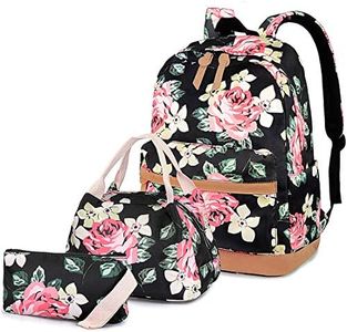 Flowers Backpack Kids School Bag 3-in-1 Bookbag Set, Junlion Rose Laptop Backpack Lunch Bag Pencil Case for Teen Girls Womens Black