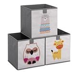 Navaris Kids Storage Cubes (Set of 3) - Storage Boxes 11x11x11" with Animal Designs - Children's Cube Bins Fabric Organizer Bin - Alpaca/Giraffe/Owl