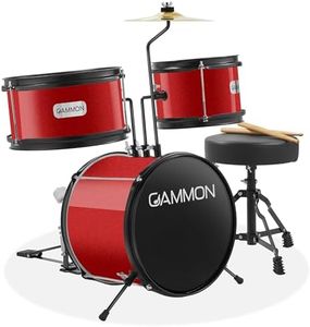 Gammon 3-Piece Junior Drum Set with Throne - Red, Complete Beginner Kit with Bass Drum, Toms, Cymbal, Pedal, and Drumsticks