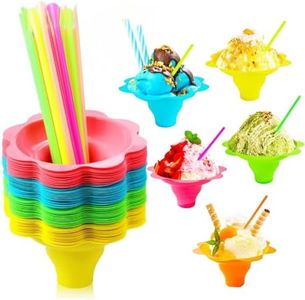 KKpxafl 50 PCS Snow Cone Cups with Cone Spoon Straws,4 oz Plastic Flower Shaped Shaved Ice Drip Cups,Reusable,Colorful Snow Cone Bowls for Holiday Summer Beach Party Birthday