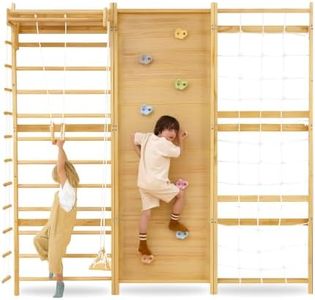 Avenlur Walnut Modular 9-in-1 Swedish Ladder Wall Gym, Kids Climbing Wall | 79-Inch Modular Indoor Playground: 3 Independent Panels, Rock Climbing Wall, Rope Net, Slide, Swing and Custom Layout