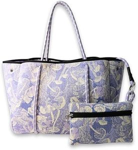 POPUPS Large Neoprene Tote Bag for Women - Everyday Designer Handbag for Travel Work and Beach with Pockets and Zipper Pouch (Prints Shrooms Purple)