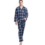 GLOBAL Mens Pyjama Sets | 100% Cotton Soft Flannel Pjs | Long-Sleeve Top Elastic and Drawstring Bottoms Navy Blue,Tartan XXL