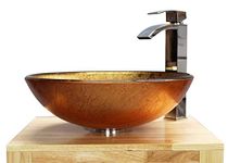 Home Supplies – Modern Tempered Gold Glass Round Vessel Sink Bowl Bathroom, Cloakroom Basin Sink for Countertop, Vanity Cabinet and Hotel Lavatory | 42x14x42cm (WxHxL)