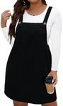 WDIRARA Women's Plus Size Corduroy Sleeveless Short Pinafore Overall Dress with Pocket Pure Black 1XL