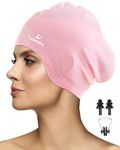 Lasmare Long Hair Swimming Cap Women Men with 3D Ear Protection, Silicone Swimming Hat to Keep Hair Dry, Waterproof Adult Bathing Caps with Ear Plugs & Nose Clip(Pink)