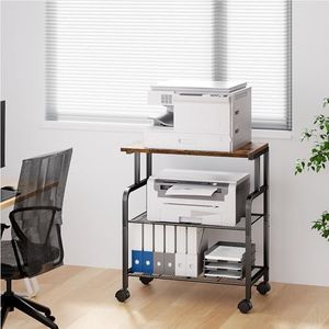 Alexayhome Printer Stand with Storage and Wheels, 3 Tier Printer Table for Home Office, Large Metal Rolling Cart with Adjustable Shelf, Supports Up to 100 Lbs, for Printer, Heat Press, Scanner & Fax