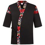 Unisex 3/4 Sleeve Black Sushi Chef Coat Kimono Cardigan Japanese Chef Uniform Red Patchwork Printed Chef Jacket, Black-red, S