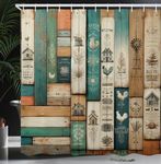 Ambesonne Farmhouse Shower Curtain, Rustic Themed Weathered Wooden Planks with Country Life Items, Cloth Fabric Bathroom Decor Set with Hooks, 69" W x 84" L, Turquoise Camel and Eggshell