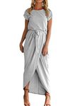 YMING Women Soft and Stretch Maxi Dress Casual T-Shirt Dress Sexy Sweatshirt Dress with Belt Grey S