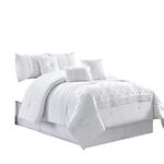 Chezmoi Collection Grace 7-Piece White Floral Chenille Embroidered Pleated Striped Comforter Set, California King