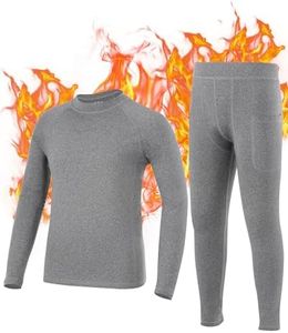 Roadbox Boys Thermal Underwear Sets Ultra Soft FLeece Lined Long Johns Base Layer Top and Bottoms with Pockets Grey