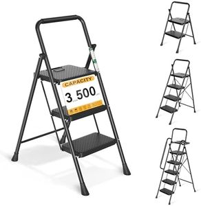 3 Step Ladder, Protable Steel Folding Stool with Wide Anti-Slip Pedal, 500lbs Sturdy Steel Ladder, Black