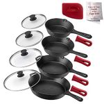 Cuisinel Cast Iron Skillets Set - 6"+8"+10+12"-Inch + Glass Lids + Silicone Handle Holder Cover Grips - Pre-Seasoned Frying Pan - Oven Safe Cookware - Indoor/Outdoor Use - Grill, Stovetop, Fire Safe