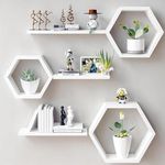 Wooden Wall Mount Hexagone Set of 6 Honey comb Floating wall Hanging shelves for Living room | Bed room | office room Kitchen room | Bath room Wall Hanging book & Showpiece wall shelf (white)