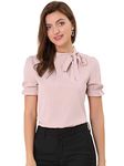 Allegra K Women's Bow Tie Neck Tops Elegant Office Short Sleeve Blouse Pink 12