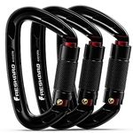 3pack Locking Climbing Carabiners-UIAA CE Certified 25kN Auto Locking Carabiner Clips, Carabina Twist Lock and Heavy Duty caribeaners for Rock Climbing, Rappelling, Dog Lead, D Shaped, Large, Black