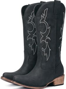 Choiran Cowboy Boots for Women - Mid Calf Cowgirl Boots Western Chunky Heel Pointed Toe Boot with Retro Embroidery, Country Concert Outfit Essentials for Rodeo Festival Black US 9.5