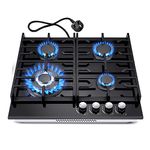 Gas Hob 4 burners, TopStrong 60cm Black Glass Gas Hob, Built in Gas Cooktop with Cast Iron Supports, NG/LPG Convertible, Gas Hob Cooker with Flame Out Protection