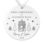 "First Christmas At [Your Address]" - Custom Ceramic Bauble: Personalised Address & Couple Name - Housewarming Gift - Unique Christmas Tree Decoration