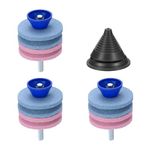 sourcing map Lawn Mower Blade Sharpener, 3pcs Corundum Four Layer Mower Blade Grinder Stone with Black Blade Balancer for Power Drill Hand Drill Garden Tool, Blue/Pink