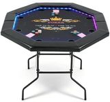 REAHOISY LED Poker Table for 8 Players, 48" Foldable Octagonal Casino Table for Home Game Room, Folding Texas Holdem Board Game Table with Built-in Dual-Color LED Light & Padded Armrest & Cup Holders