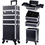 Joligrace 4-in-1 Tall Vanity Case for Women Makeup Box Make Up Beauty Trolley on Wheels Professional Large Makeup Case Organiser Rolling Box Nail Technician case with Locks (Black)