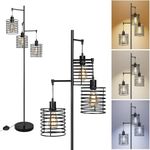 FIRVRE Modern Industrial Floor Lamps Round Black Metal Mesh 3 Light Floor Lamp for Living Room E27 Farmhouse Rustic Tall Standing Light for Bedroom Corner Office Dining Room Hotel Loft