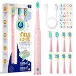 Seago Kids Electric Toothbrush Rechargeable, Children's Power Toothbrushes with Funny DIY Stickers, 2 Mins Smart Timer, 8 Replacement Brush Heads for Ages 3-12 Junior Boys Girls SG2303(Pink)
