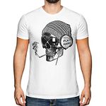 Candymix Graphic Men's T-Shirt - Work Hard Play Hard: Smoking Skull Wearing Headphones - Premium Cotton Tee for Men, Short-Sleeve, Crew Neck, Contemporary Fashion Fit, X-Large, Colour White