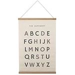 Bon et Beau 16 x 24 Inch Embroidered Alphabet Poster Framed with Wood Hanger - Neutral Gray Wall Decor for Boys Nursery, Bedroom, Playroom, Toddler and Kids Room