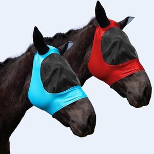 HUAME 2 Piece Horse Fly Mask with Ears, Comfortable Fit Stretch Fabric Big Eye Space Soft Breathable with UV Protection for Full Horses (Red-Blue)