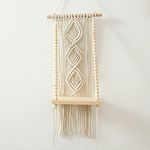 Kaahira Unique Design Boho Handmade Macrame Decorative Wooden Wall Mounted Hanging Home Decors Storage Floating Shelf for Books and Planters Livingroom, Bedroom 12x5x32 inches (Wall Shelf 05)