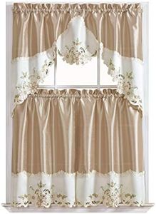 GOHD Arch Floral Kitchen Curtain Set/Swag Valance & Tier Set. Nice Matching Color Floral Embroidery on Border with cutworks (Beige)